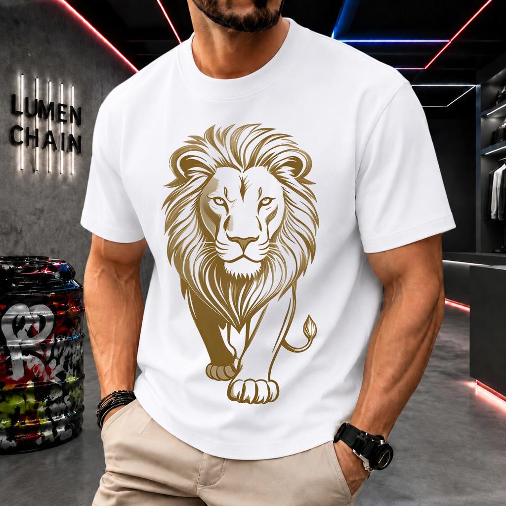 2026 New Pure Cotton Tshirt With Golden Majestic Lion Print Light Luxury Casual Trendy Wear