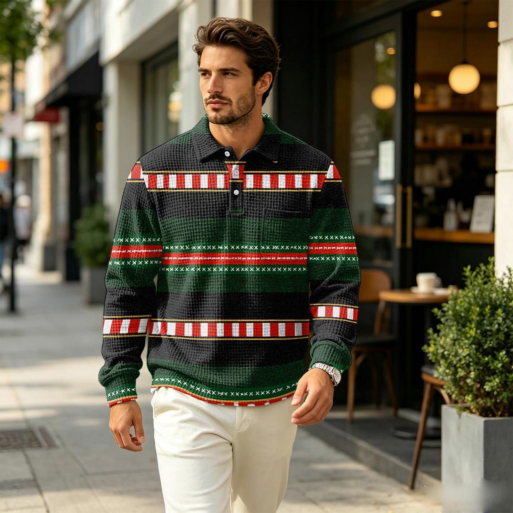 Men's Fall Casual Outdoor Pullover, Long Sleeve Collared Top with Pocket and Christmas Print