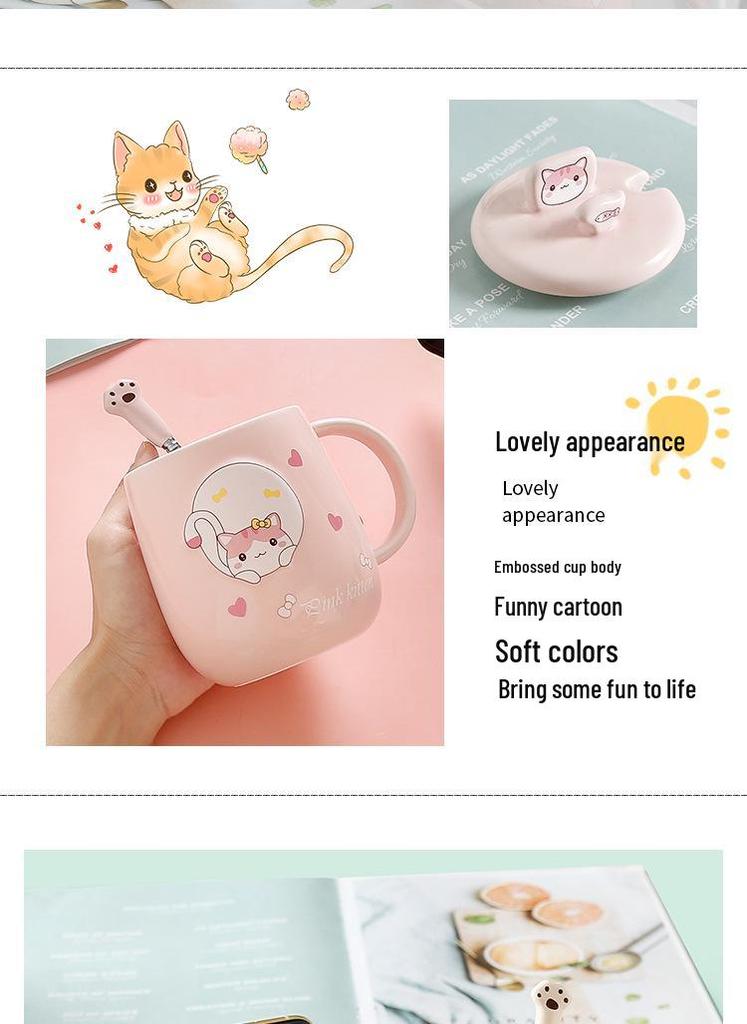 Cartoon Cat Ceramic Mug with Lid and Spoon - Trendy Office Coffee Cup