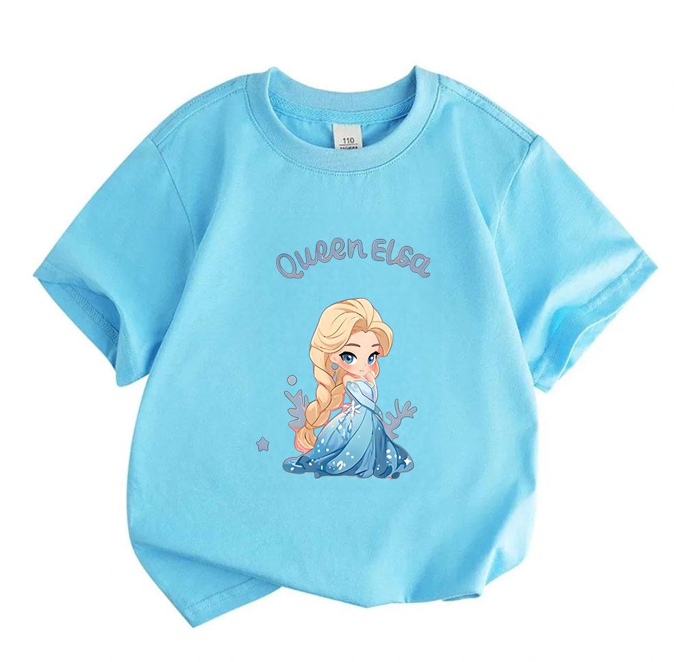 Kids Girls Boys Cute Queen Elsa Cartoon Print T Shirt 100% Cotton O-Neck Short Sleeve Casual Summer Tee Tops Soft Breathable Lightweight Warm Child To
