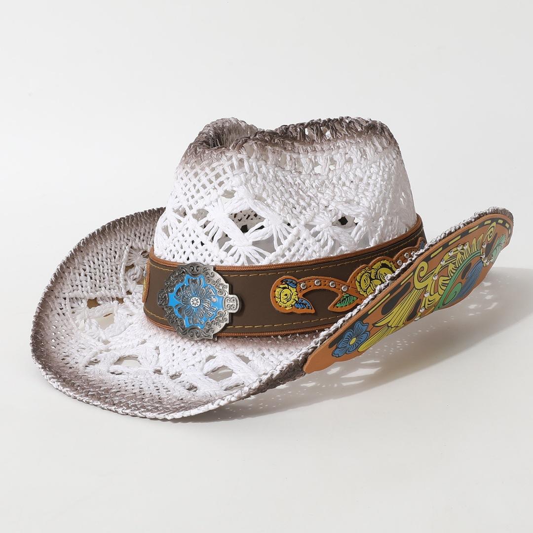 

Retro Tibetan-style embroidered cowboy hat for men and women, large brim, western riding sun protection straw hat, summer sun hat Average Size