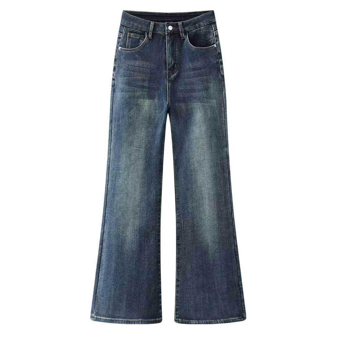 

Premium 2025 Autumn/Winter Women s Retro Washed Blue Wide-Leg Floor-Length Micro-Flare Denim Jeans with Velvet Extra Large синій