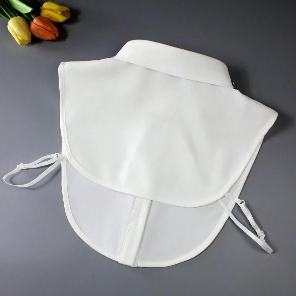 White Chiffon Fake Collar Handmade Beaded Decoration Lapel Style Detachable Collar Rhinestone Decoration Button Detail