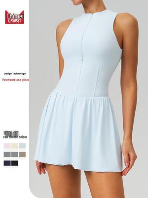 Rochie de tenis cu strat dublu, anti-expunere, cu guler înalt, cu senzație de nor (9094)