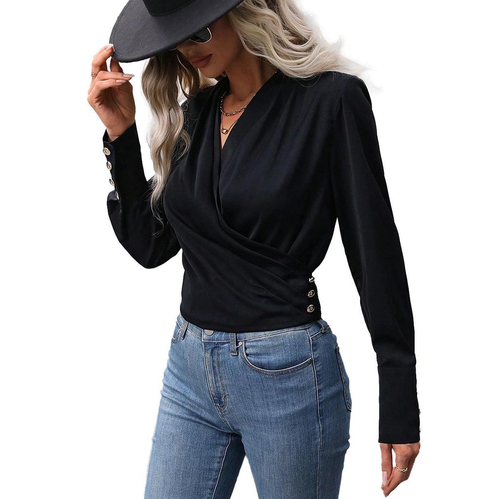 European and American Style Women's Black Long-Sleeve Crossover V-Neck Top with Cuff Buttons