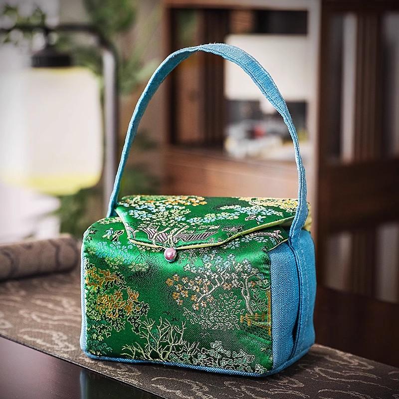 Printed Storage Bag with Cotton Lining, Small Travel Handbag Simple One-pot Two-Cup Set Teacup Bags