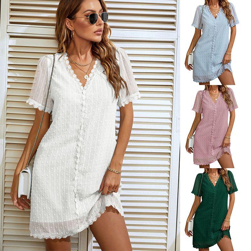 

2025short Sleeved Swiss Polka Dot Lace Straight Leg Dress White S