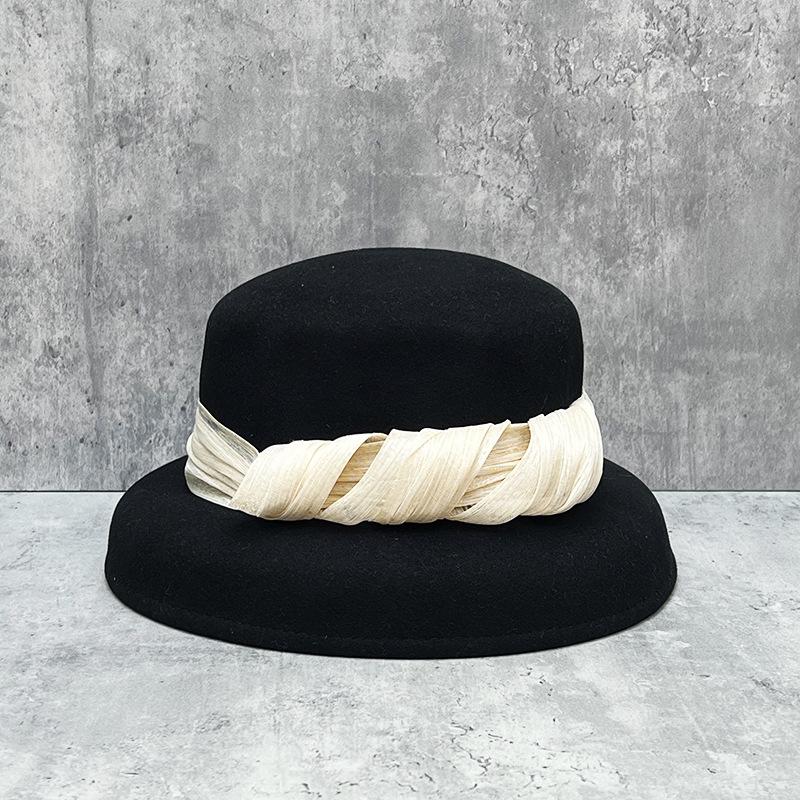 

Light Luxury Silk Hemp Gold Ribbon British Retro Women French Elegant High-End Versatile Wool Bucket Hat M（56-57.5cm） чорний