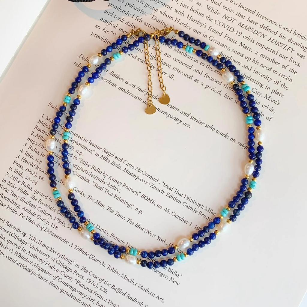 New Arrival Trendy 100% Natural Freshwater Pearl & Lazurite Stone 14K Gold Filled Female Beads Chain Necklace  For Women