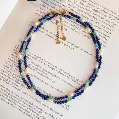 New Arrival Trendy 100% Natural Freshwater Pearl & Lazurite Stone 14K Gold Filled Female Beads Chain Necklace  For Women