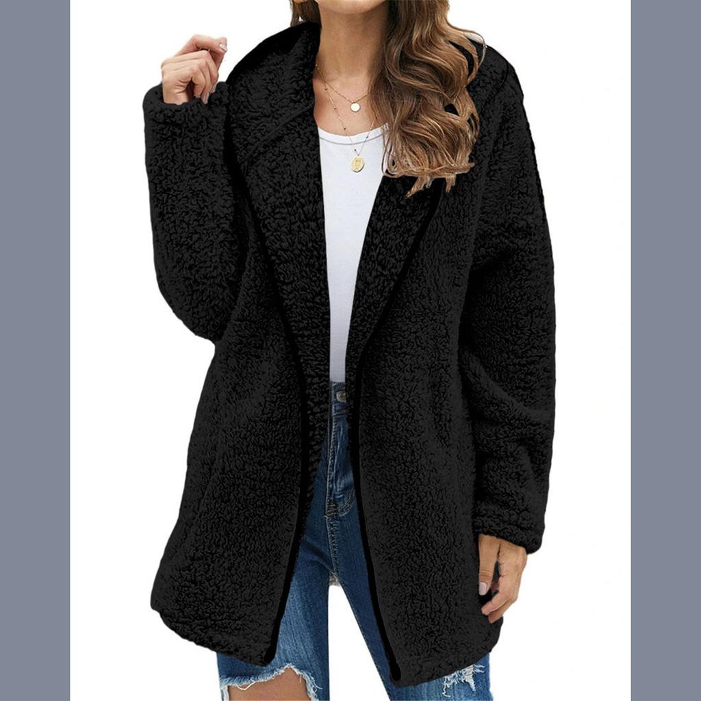 Autumn and Winter Casual Solid Colour Lapel Hooded Long-sleeved Women Plush Sweater Fleece Jacket