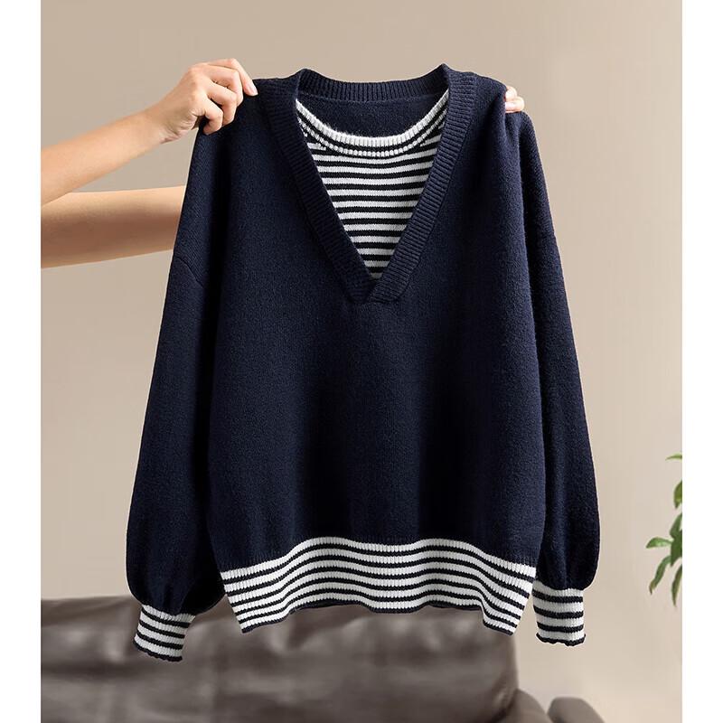 

Women s Striped Spliced Faux Two-Piece Knit Sweater One Size