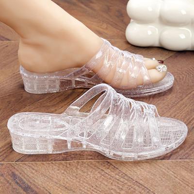 Neue Keilsandalen mit niedrigem Absatz Damen Gelee-Schuhe Damen Sommer Pantoletten Outdoor Transparente Hausschuhe Frau Rutschfeste Klare Sandalen