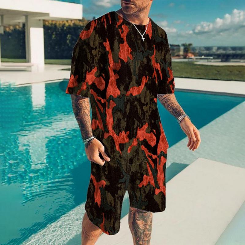 Summer Casual Breathable and Refreshing Sports Suit Oversized Men's Top Y2K Style 3D Printed Format Pattern Short Sleeve T-Shirt Man 2-Piece