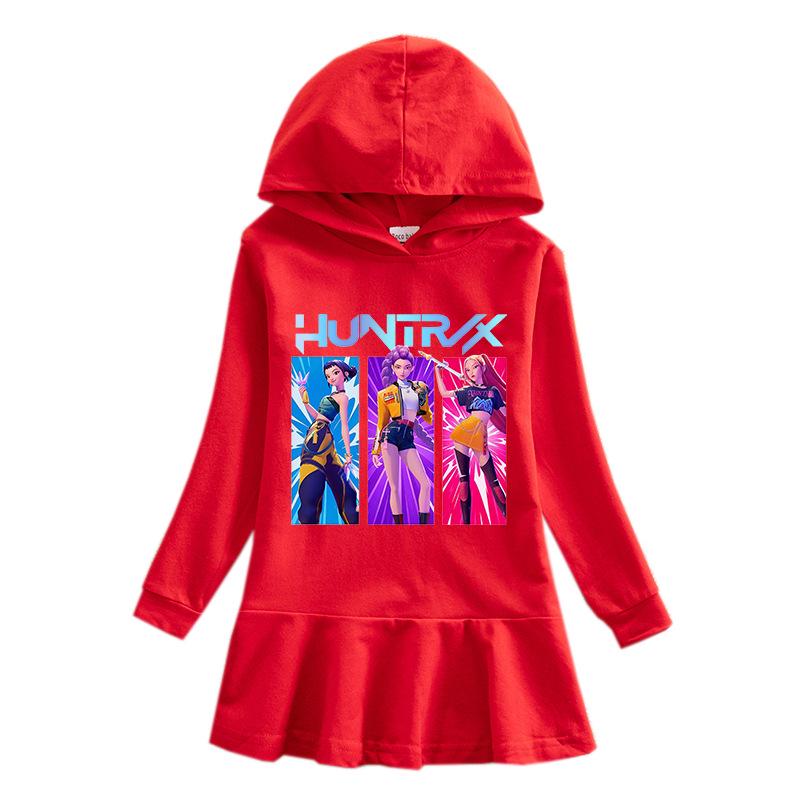 Kpop Demon Hunter Girls' Rainbow Ruffle Hooded Dress – Long Sleeve Princess Style for Spring & Autumn