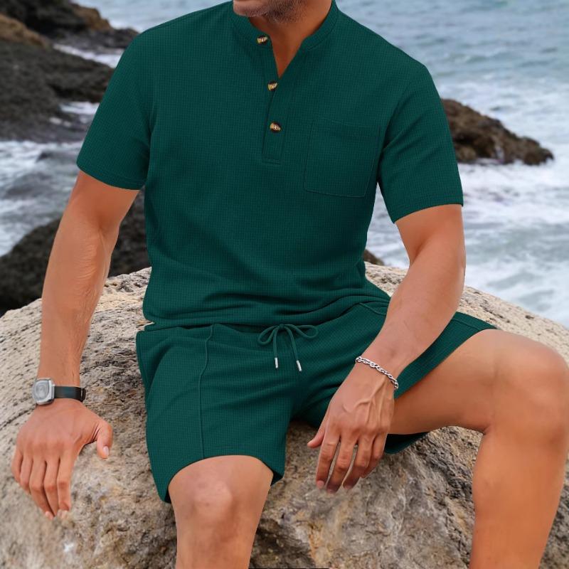 Men Waffle Knit Mandarin Collar Half Button Pocket Top & Drawstring Shorts Two Piece Set