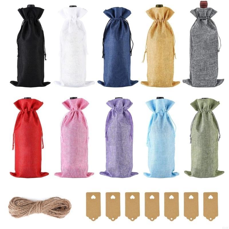Pack of 10 Decorative Hemps Wine Gift Bags Champagne Pouches Perfect for Christmas Parties and Special Celebration HX6C