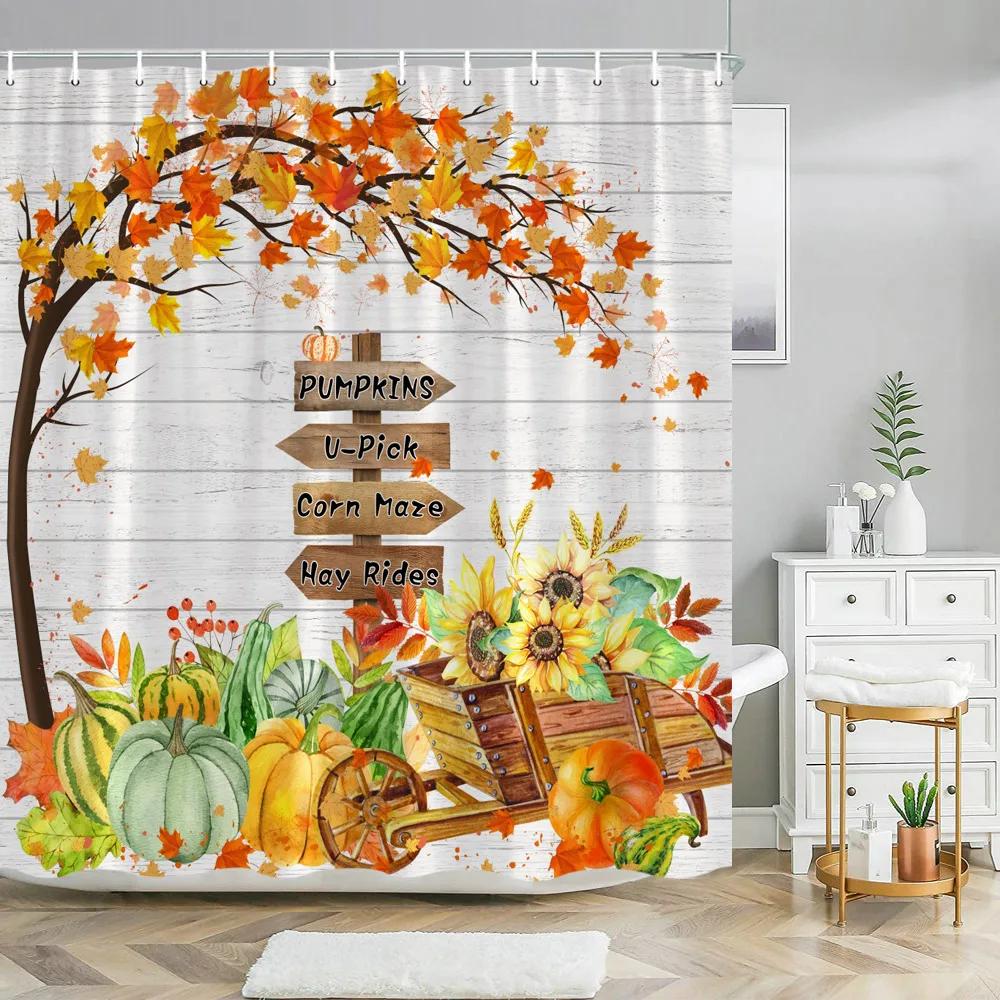 Fall Pumpkin Floral Bathroom Shower Curtain Funny Gnomes Fall Falling Maple Leaves Bathroom Decor Shower Curtain with Hooks