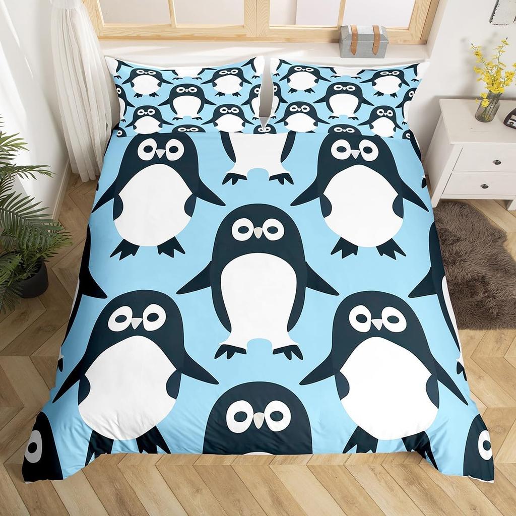 Cartoon Penguin Bedding Set Full King for Girls Boys Kids Room Dorm Funny Animal Printed Comforter Cover Penguins Bedding Set