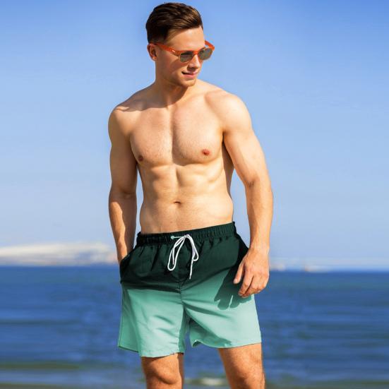 Men Beach Shorts Gradient Contrast Color Drawstring Elastic Waist Casual Daily Wear Pockets Thin Knee Length Summer Shorts Men Vacation Shorts