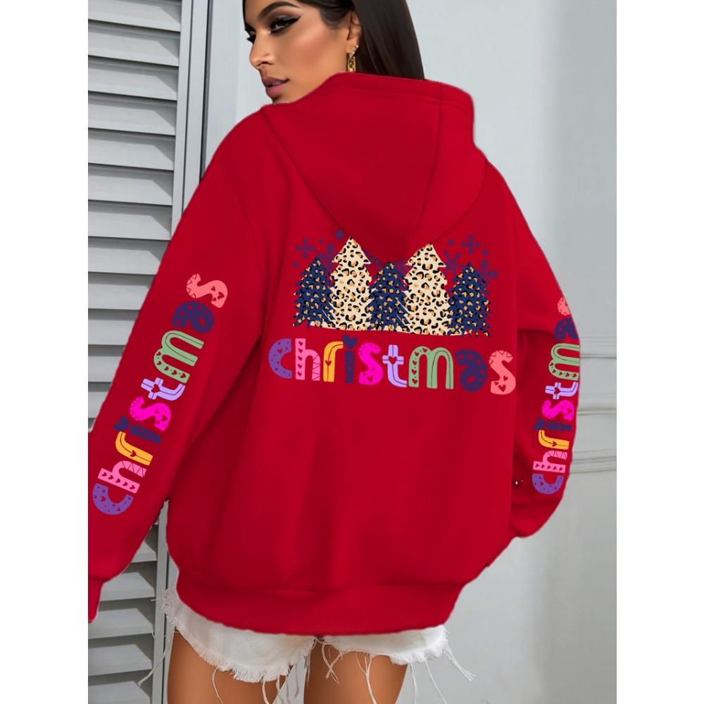 Merry Christmas Leopard Trees Printing Hoodie Women Hip Hop All-Match Streetwear Casual Loose Hoodies Autumn Woman Hoody