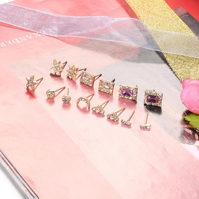 7 Pairs Ear Stud Delicate Artificial Gemstone Inlaid Earrings Love Star Moon Square Shape Elegant