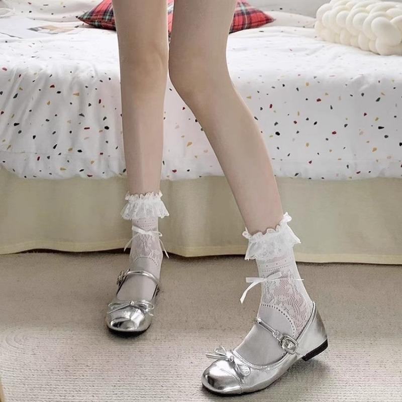 Female Spring and Summer Thin Sweet Ballet Style Bow Lace Lace In The Tube Pile Socks