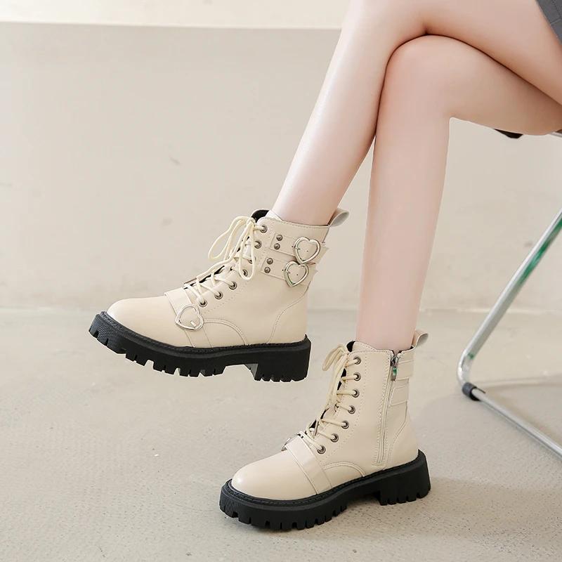 Heart Buckle Chunky Platform Ankle Boots Women 2024 Autumn Pu Leather Thick Bottom Short Boots Woman Black Motorcycle Shoes