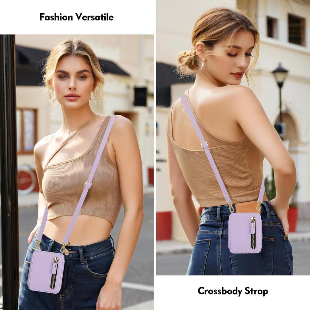 Applicable To Samsung Z Flip6 Mobile Phone Leather Case Z Flip5 Solid Color Card Zipper Change Bag Diagonal Strap Card Bag