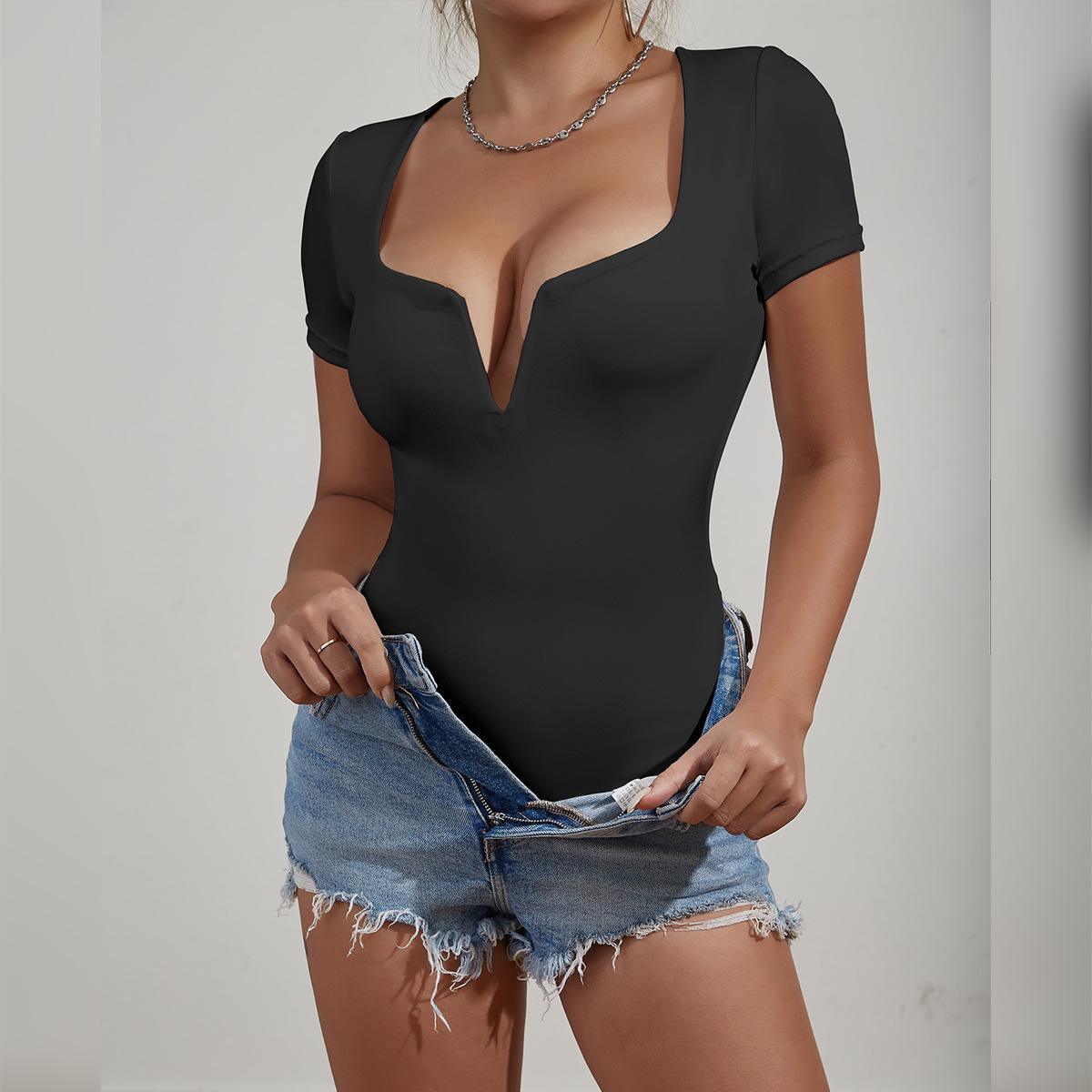 

Женский новый комбинезон с глубоким V-образным вырезом и короткими рукавами, сексуальный обтягивающий комбинезон XL чёрный