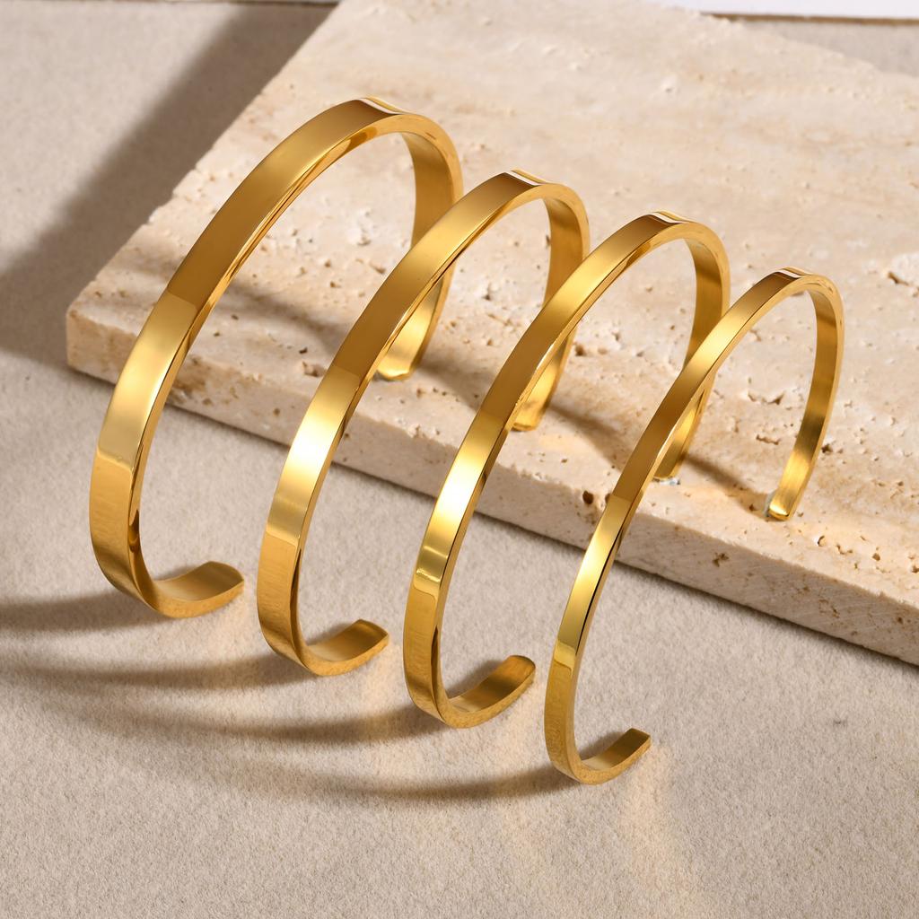 Women's Simple Smooth Stainless Steel Cuff Bracelets, 3/4/5/6mm Wide Open Bangles Gold Plated, Little Luxury Classic Jewelry