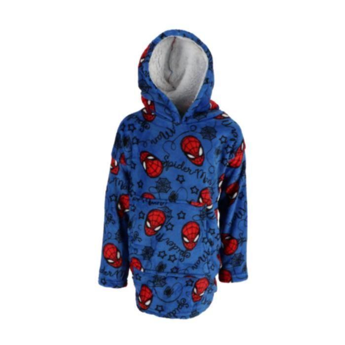 Plaid Hooded Fleece Poncho Spiderman - Soft Kids Blanket Sweatshirt (7-14 Years) - - Blue