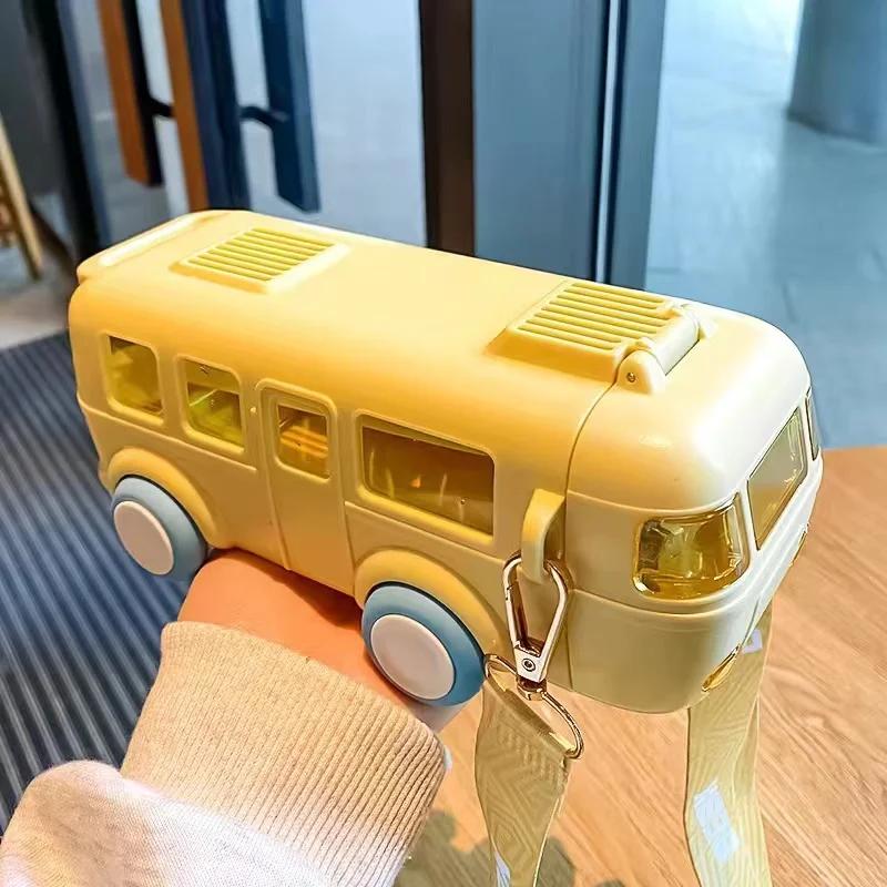 BPA FREE Bus Toy Bottle for Kids Gift Tritan Straw Water Bottle Cup Charming Girl Boy School Kindergarten Travel Kettle with Straps