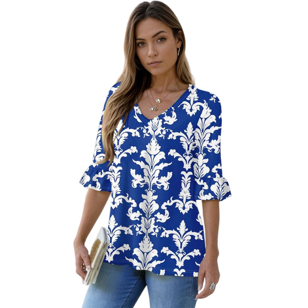 Women's Casual 3/4 Sleeve Tops V-Neck Sleeve T-Shirt Floral Print Tops