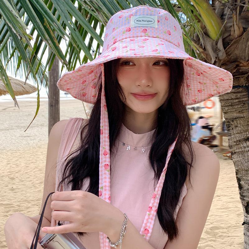 Small Fresh Plaid Flower Large Brim Fisherman Hat Children Spring and Summer Outdoor UV Protection Sunscreen Basin Hat