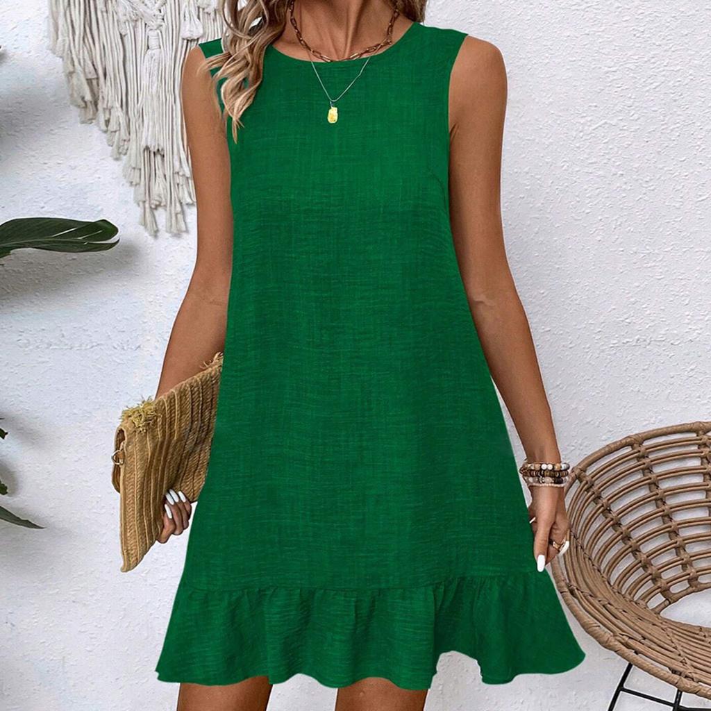 Yousheng Summer Sundress Ruffle Hem Loose Sleeveless Round Neck Solid Color A-line Mini Dress for Beach Datings Vacation