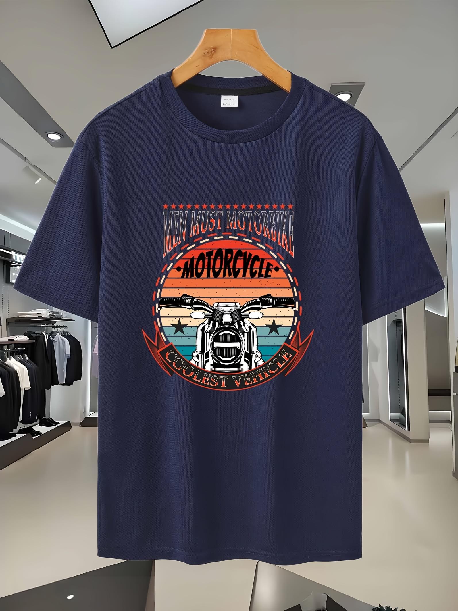 

Breathable Mesh Sport T-shirt with Motorcycle Graphic Print - Navy Blue Round Neck Short Sleeve Tee for Casual & Active Wear S