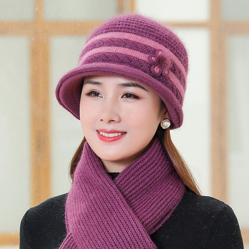 Pălărie de mamă în vârstă de vârstă mijlocie cu temperament de toamnă iarnă, la modă, pălărie simplă de blană de iepure, cu kit de eșarfă groasă de catifea