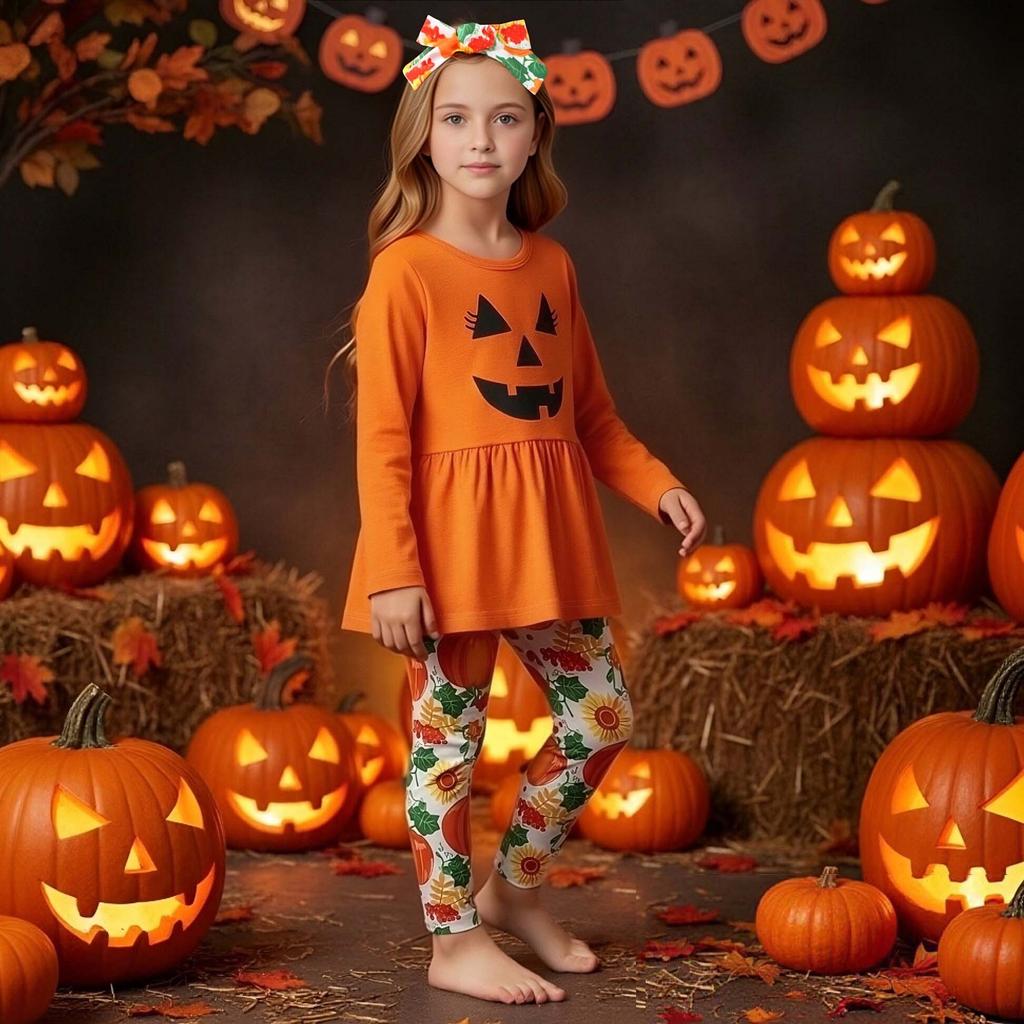 Kids Girls Halloween Outfit Spring Autumn Long Sleeve Pumpkin Printed Skirt Pants Two Piece Set Fashion Casual Children Clothing