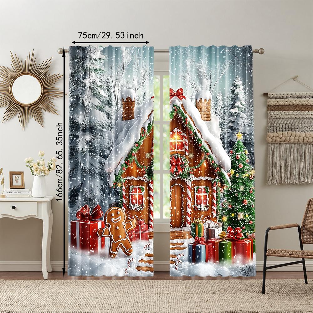 2Pcs Festive Christmas Gingerbread Window Curtains Rod Pocket Digital Printed Polyester Material Suitable For Living Room