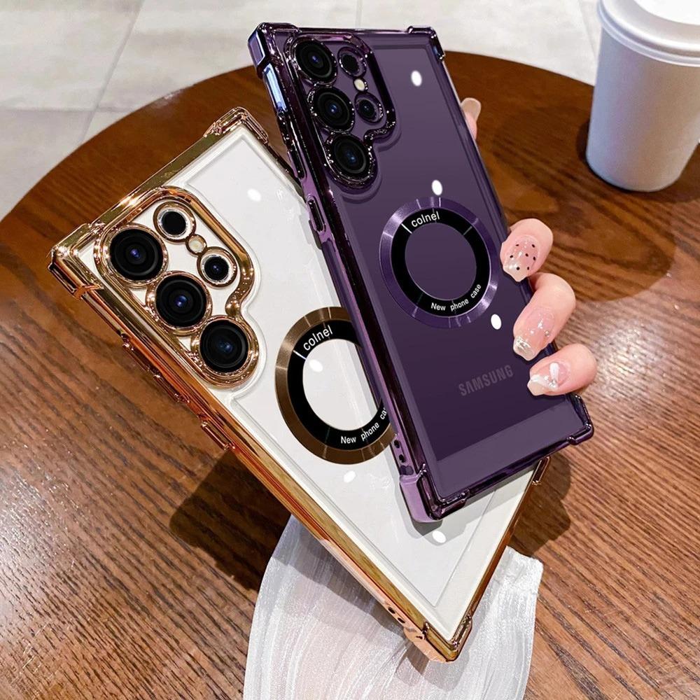 Suitable for Samsung S25ultra Mobile Phone Case Magnetic Suction S24 Electroplated Transparent S22p Four Corner Airbag Anti Fall Space Cover