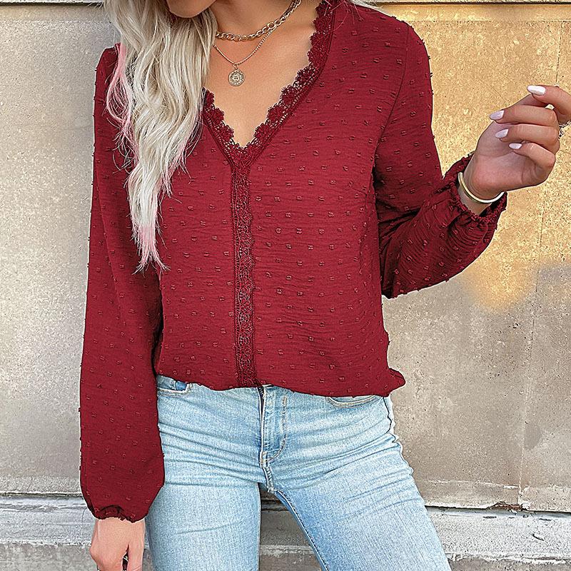 YYFS Women's Fashion Casual Summer Spring Solid Color Print Long Sleeve V-Neck Blouses & Shirts