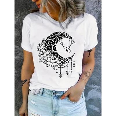 Moon Print Crew Neck T-Shirt Casual Vintage Short Sleeve Lady Y2K Tops Women'S Clothing Fashion Harajuku White Graphic Tees
