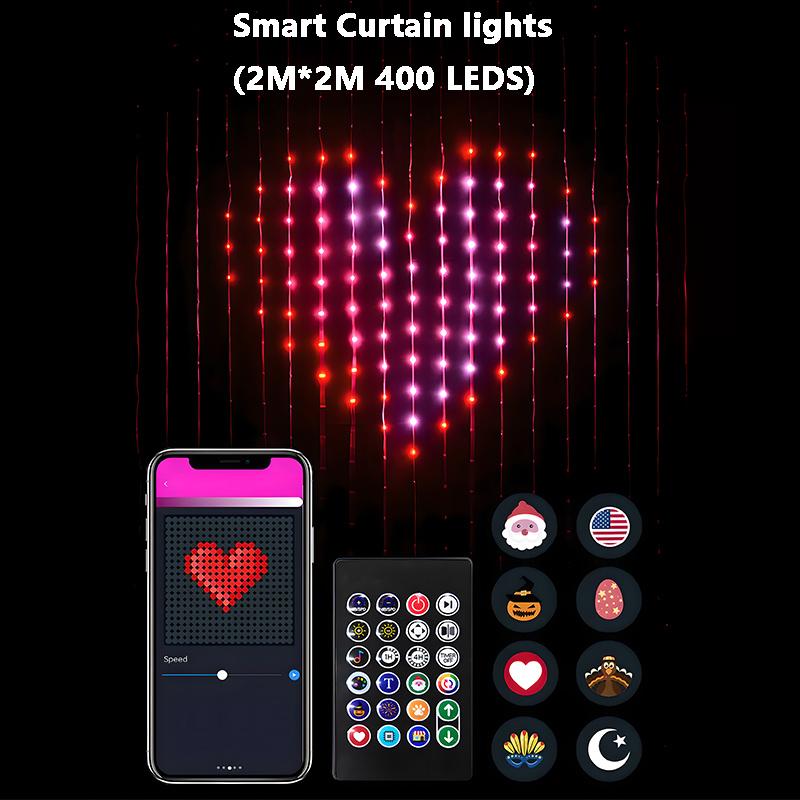 400LEDs RGBIC Smart Curtain Light Bluetooth App DIY Music Change GIF Animation Picture Display Fairy Garland String Home Decor