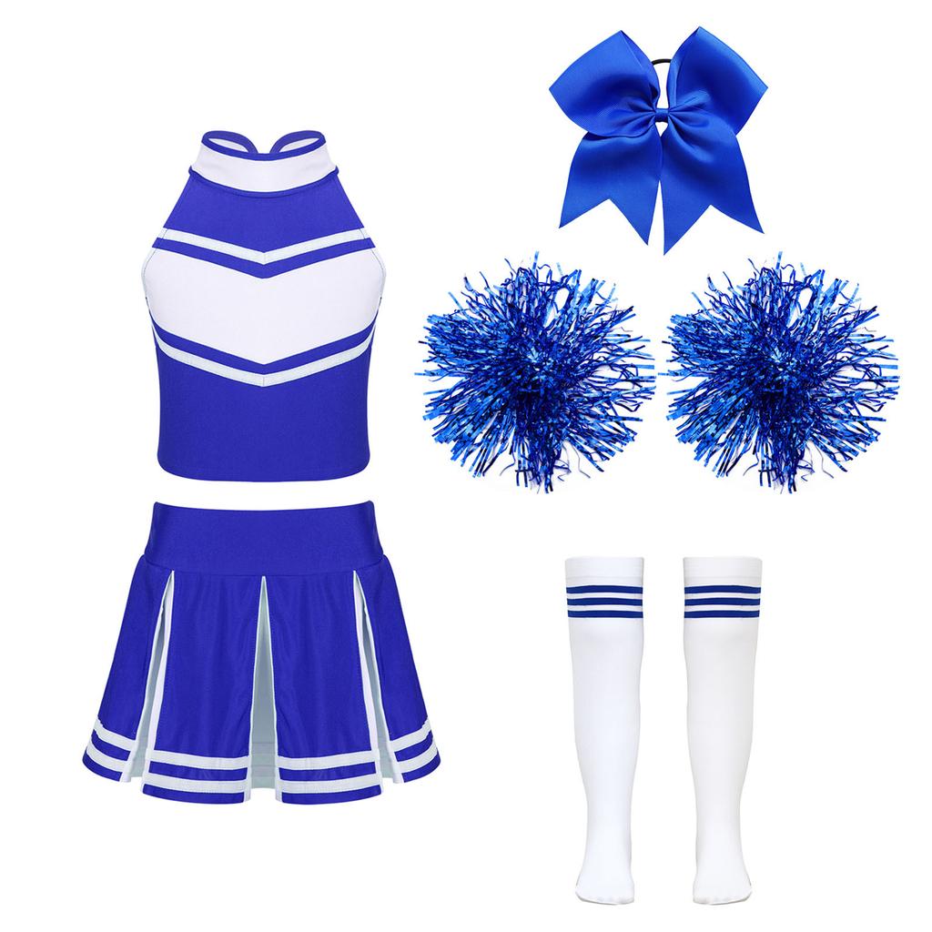 Kids Girls Cheerleading Set Sleeveless Zipper Top Pleated Skirt Bowknot Headwear 2 Hand Flowers Striped Tube Socks for Performance