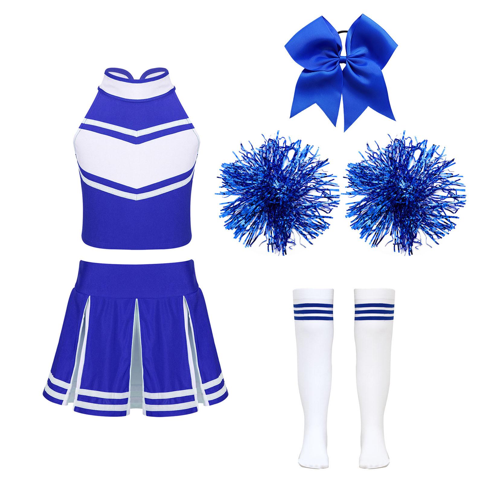 

Girls Cheerleading Costume Set Sleeveless Zippered Tops Pleated Skirt Bowknot Headwear Hand Flowers Tube Socks 5-6 Years