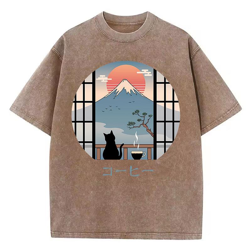 T Shirt Vintage Washed 100% Cotton T-Shirt Japanese Style with Mountain Cat Graphic Tee Casual Streetwear Spring Summer Fall