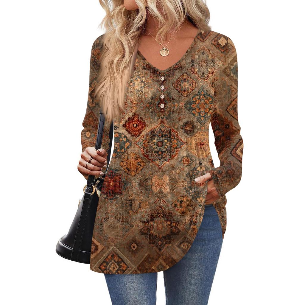 Camicia da donna casual a maniche lunghe a tinta unita da donna con scollo a V