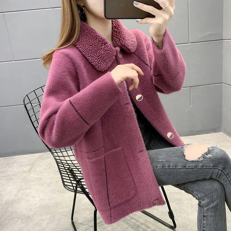 

Весенне-осенняя женская одежда из искусственного норкового бархата, плотное пальто, женское свободное пальто большого размера, однотонный кардиган с карманами и лацканами на пуговицах XXXXL фуксия