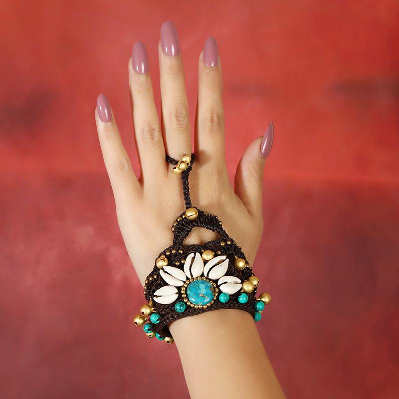 Vintage Woven Bracelet Bohemian Women's Personality Turquoise Bell Bracelet Ring Integrated Accessories